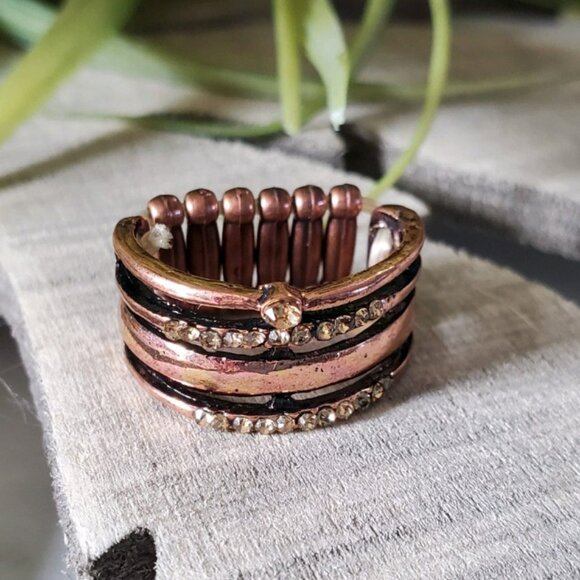 Copper Tone with Rhinestone Jewels Stretch Band Ring Stack Look  💥3 for $24💥 - Picture 1 of 16
